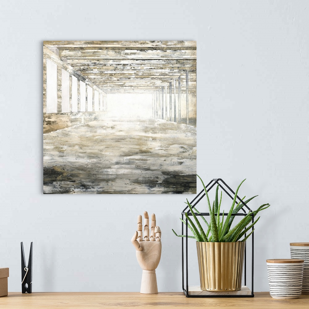 A bohemian room featuring Contemporary abstract painting looking through a brightly lit pier.