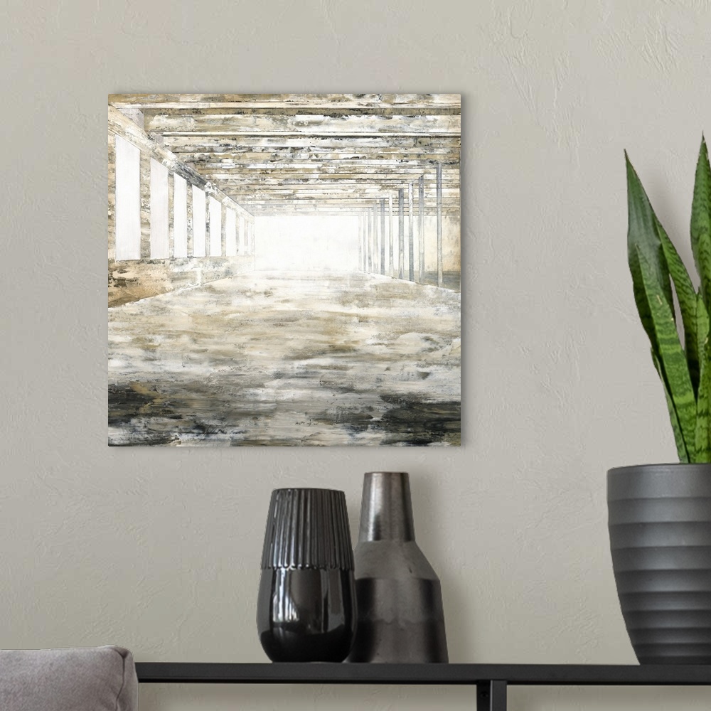 A modern room featuring Contemporary abstract painting looking through a brightly lit pier.