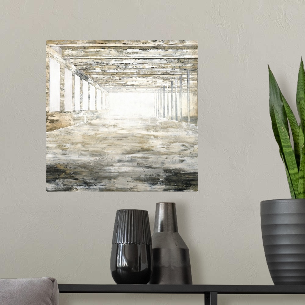 A modern room featuring Contemporary abstract painting looking through a brightly lit pier.