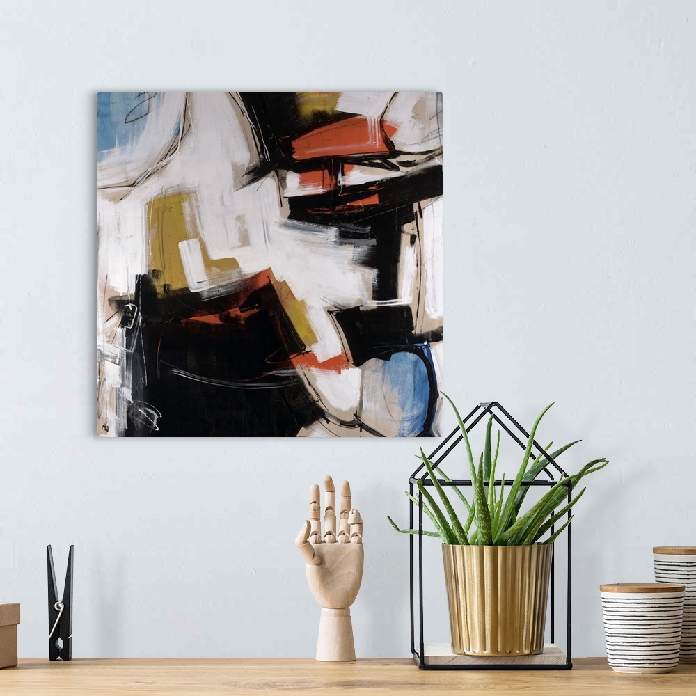 A bohemian room featuring Square abstract painting on a large canvas of multicolored patches of thick brushstrokes with sha...