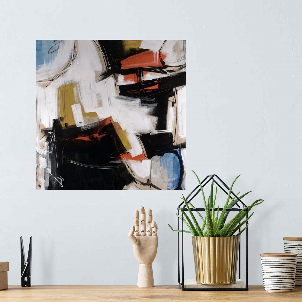 A bohemian room featuring Square abstract painting on a large canvas of multicolored patches of thick brushstrokes with sha...