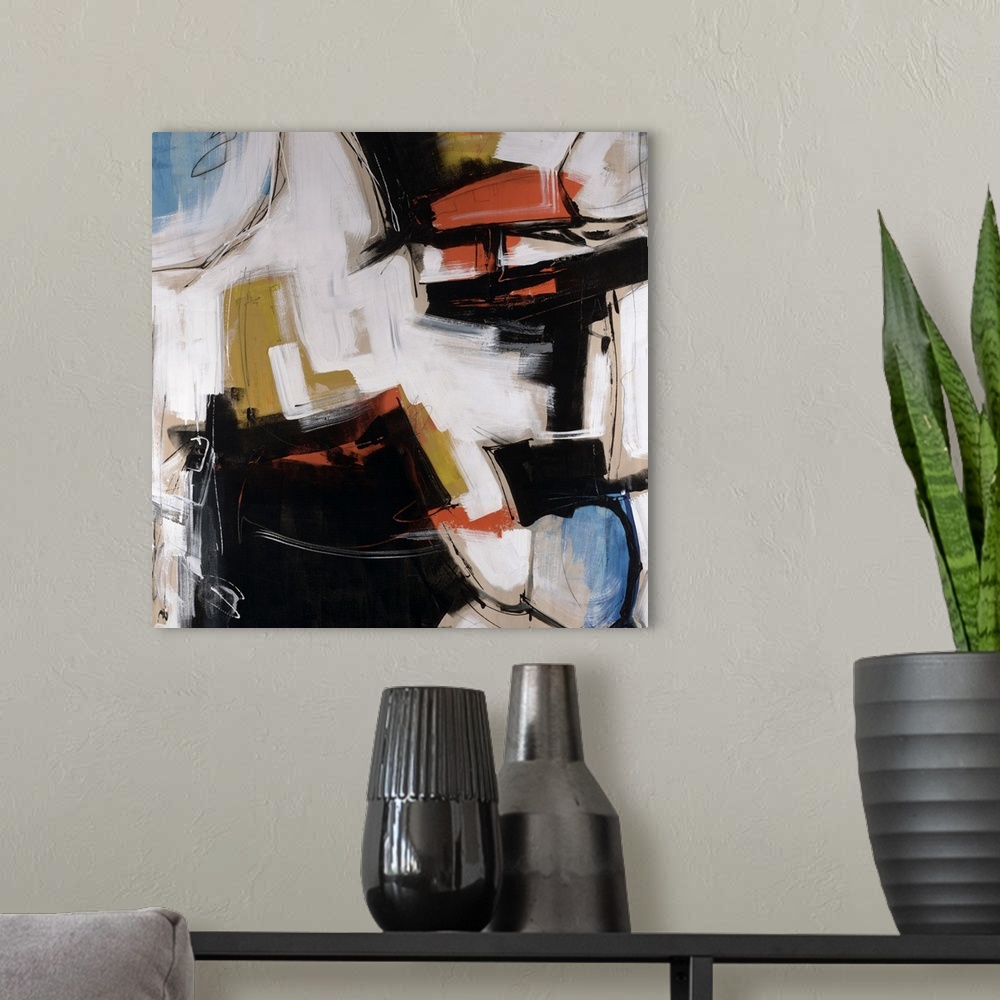 A modern room featuring Square abstract painting on a large canvas of multicolored patches of thick brushstrokes with sha...