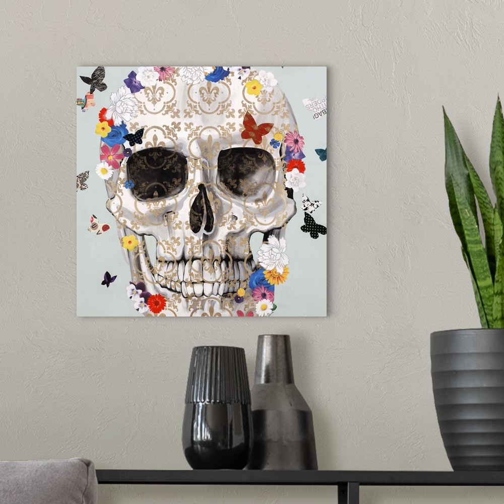 A modern room featuring Artwork of a patterned skull surrounded by small, colorful butterflies.