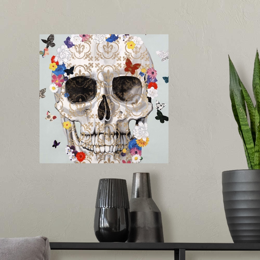 A modern room featuring Artwork of a patterned skull surrounded by small, colorful butterflies.