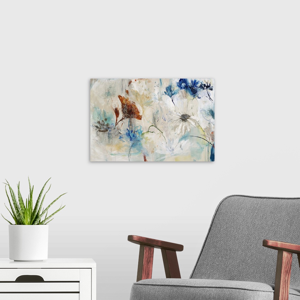 A modern room featuring Contemporary painting of abstracted flowers against a pale background with splashes of blue.