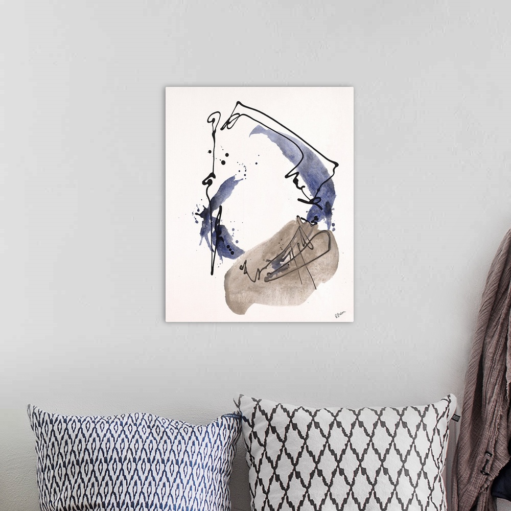A bohemian room featuring Contemporary abstract painting of dark black lines and splashes of blue swirling around.