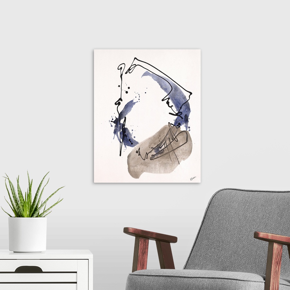A modern room featuring Contemporary abstract painting of dark black lines and splashes of blue swirling around.
