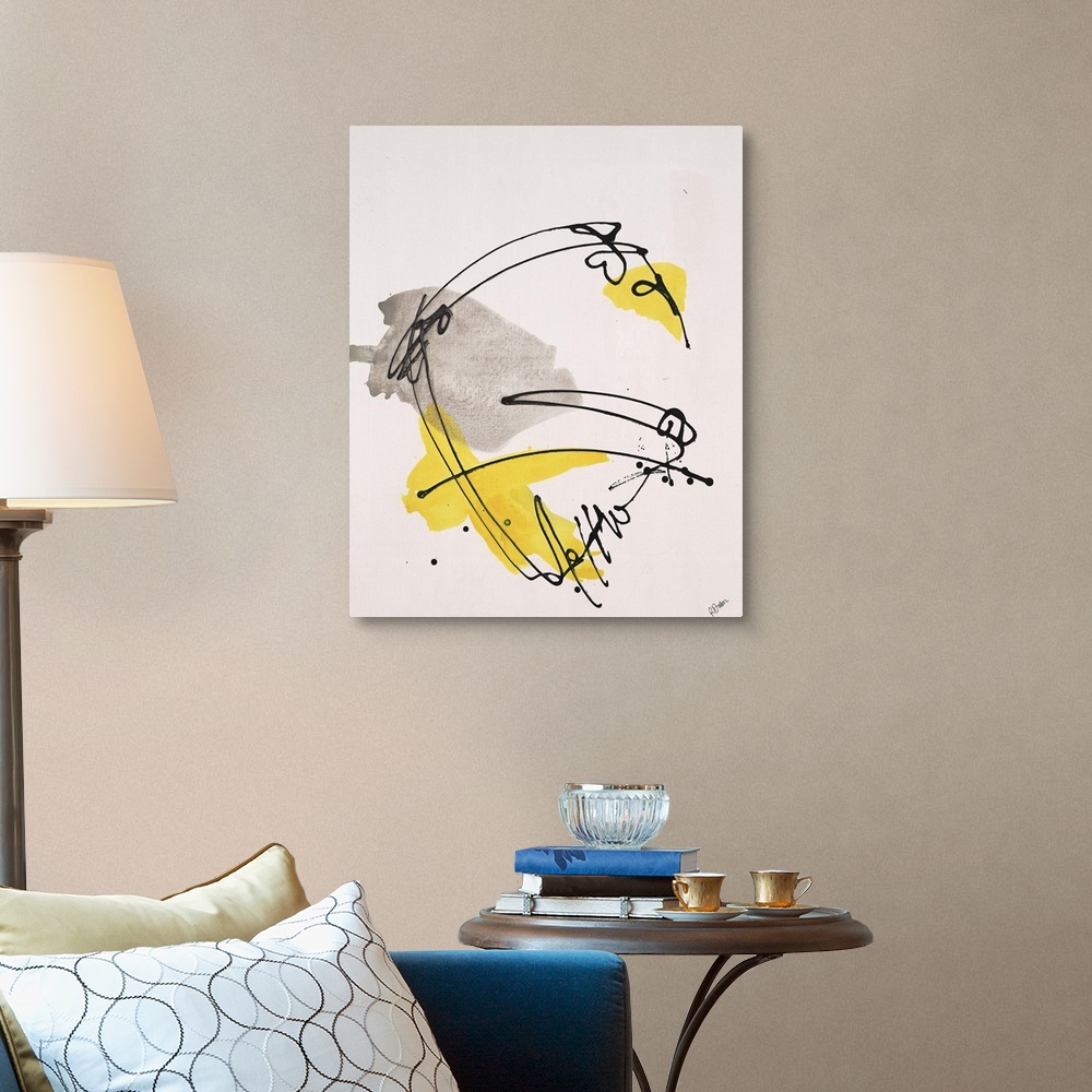 A traditional room featuring Contemporary abstract painting of dark black lines and splashes of yellow swirling around.