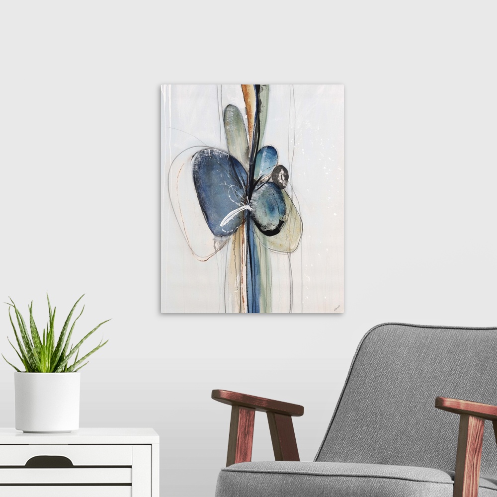 A modern room featuring Abstract painting of a multicolored bow stretched out vertically on a light, neutral background.