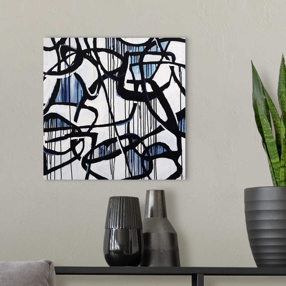 A modern room featuring Contemporary high contrast abstract painting using deep black organic lines in a circular motion,...
