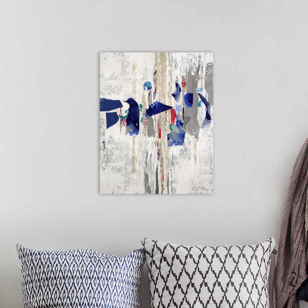 A bohemian room featuring Contemporary abstract painting using fragmented vibrant geometric shapes against a neutral distre...