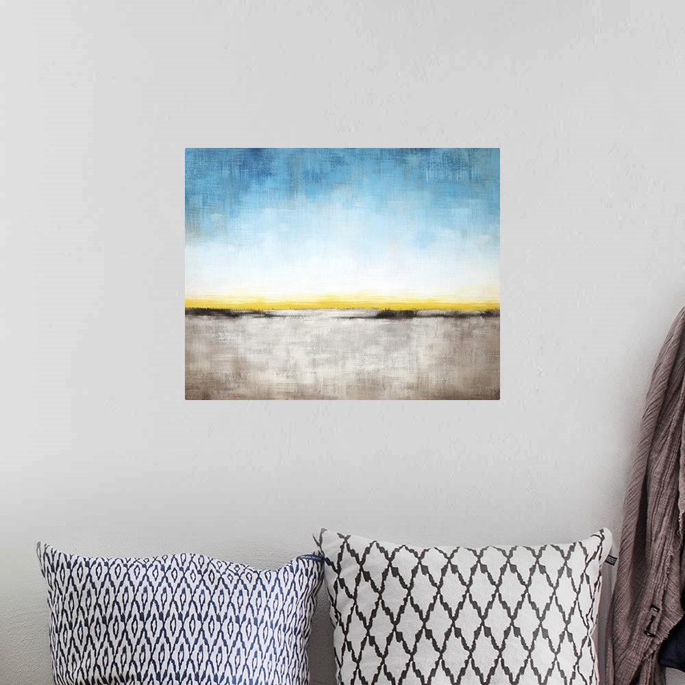 A bohemian room featuring Contemporary abstract painting of a landscape under a blue sky.
