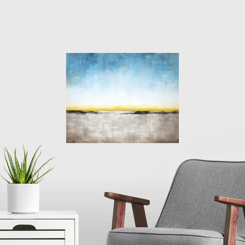 A modern room featuring Contemporary abstract painting of a landscape under a blue sky.