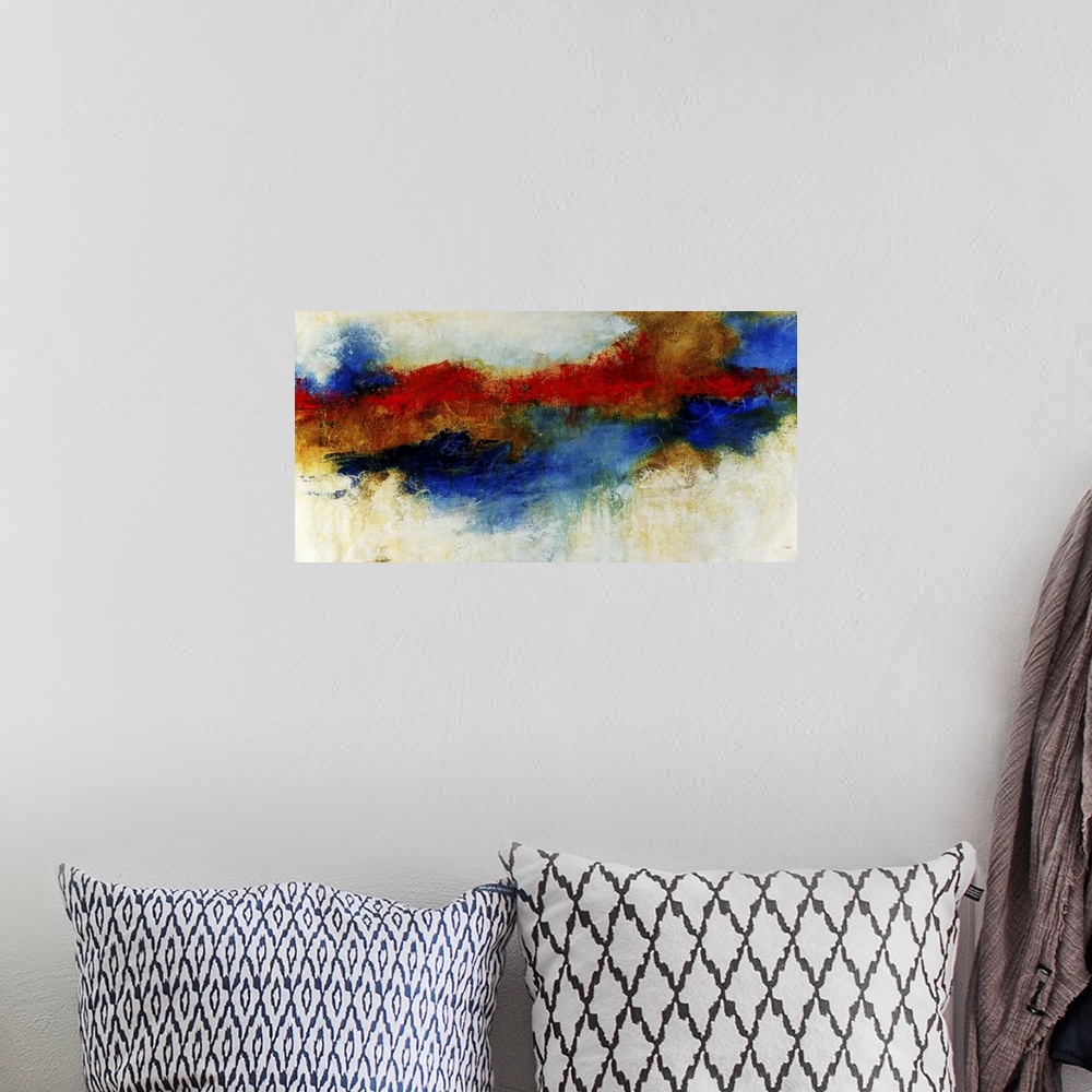 A bohemian room featuring Landscape contemporary artwork for a living room or office of a vibrant cloud of various colors t...