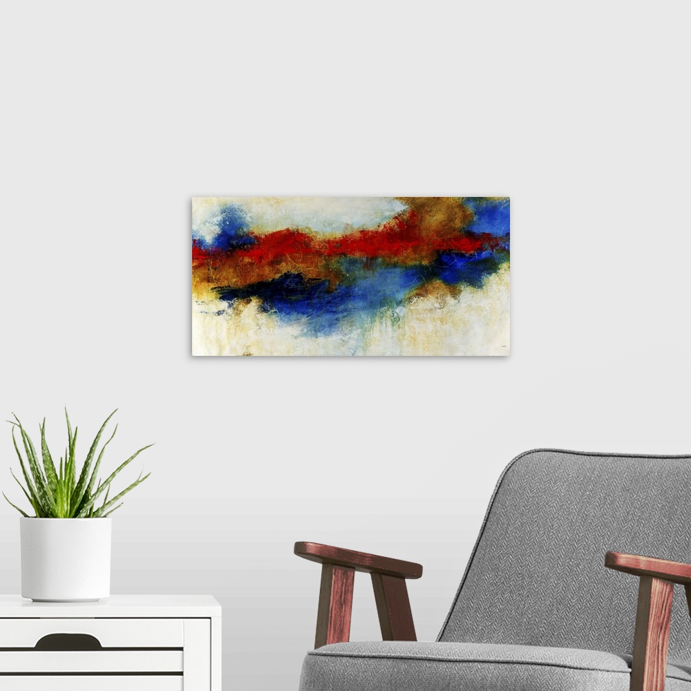 A modern room featuring Landscape contemporary artwork for a living room or office of a vibrant cloud of various colors t...