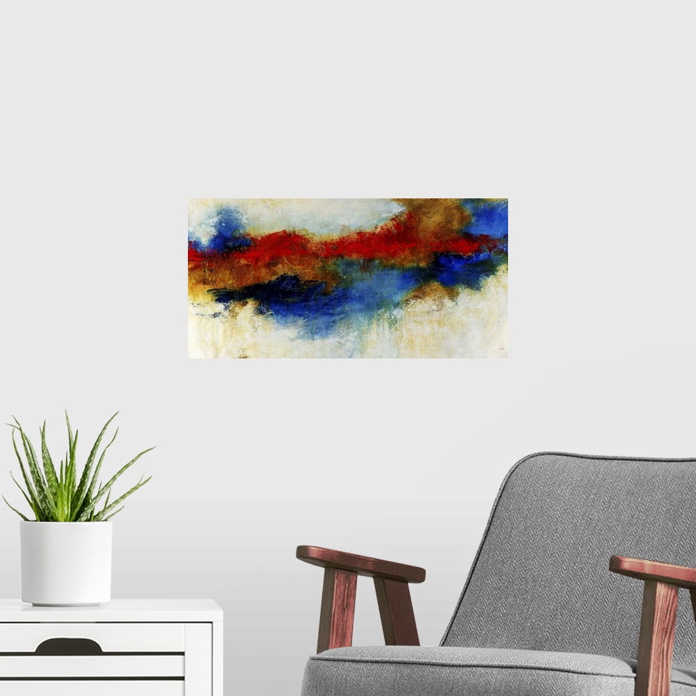A modern room featuring Landscape contemporary artwork for a living room or office of a vibrant cloud of various colors t...