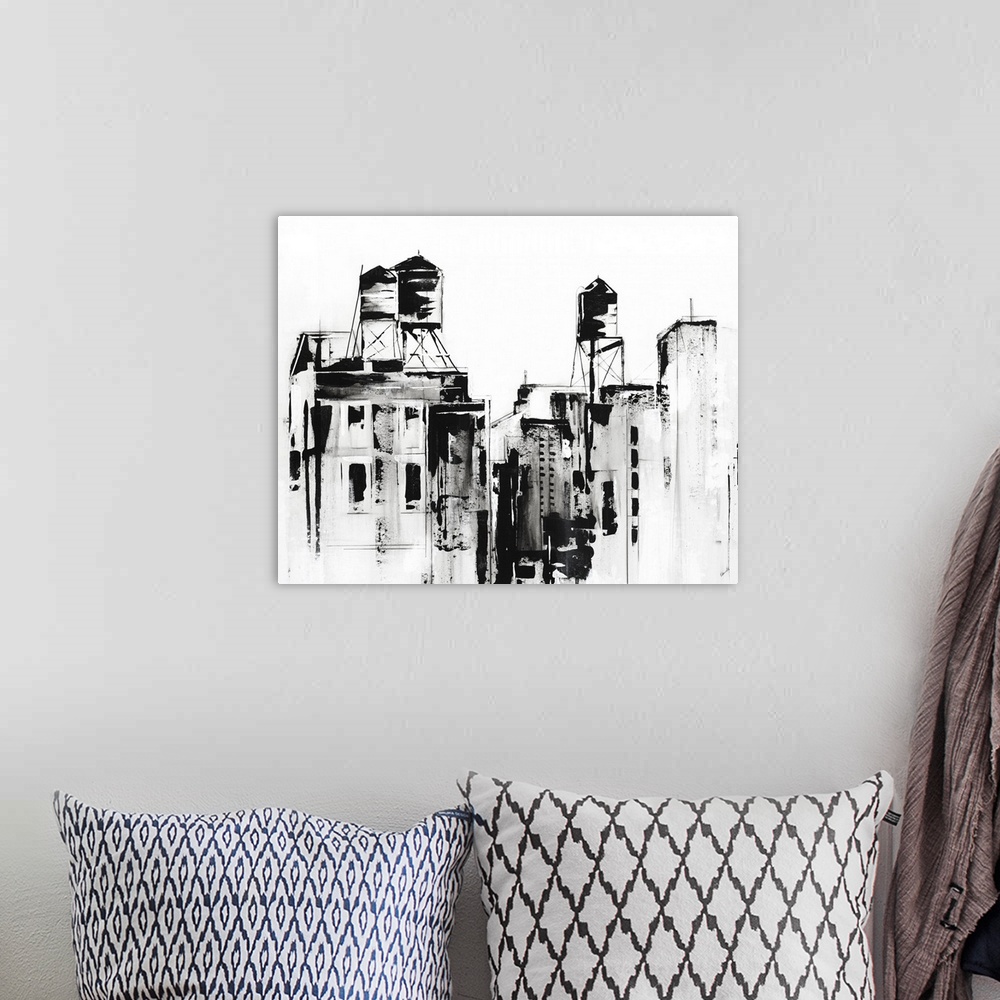 A bohemian room featuring Black and white painted sketch of an urban cityscape.
