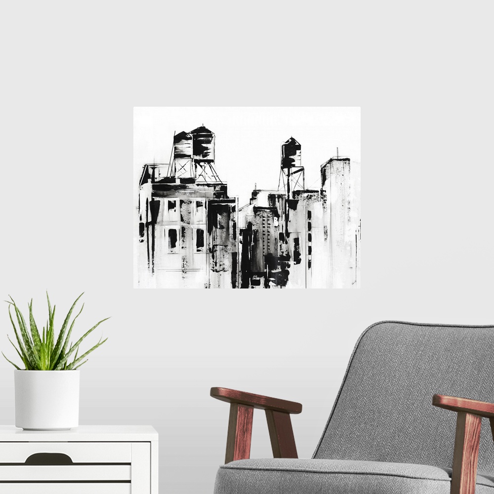 A modern room featuring Black and white painted sketch of an urban cityscape.