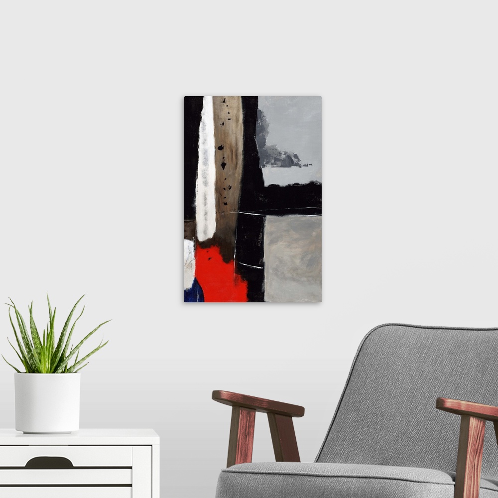 A modern room featuring Contemporary abstract painting of dark colored retro shapes.