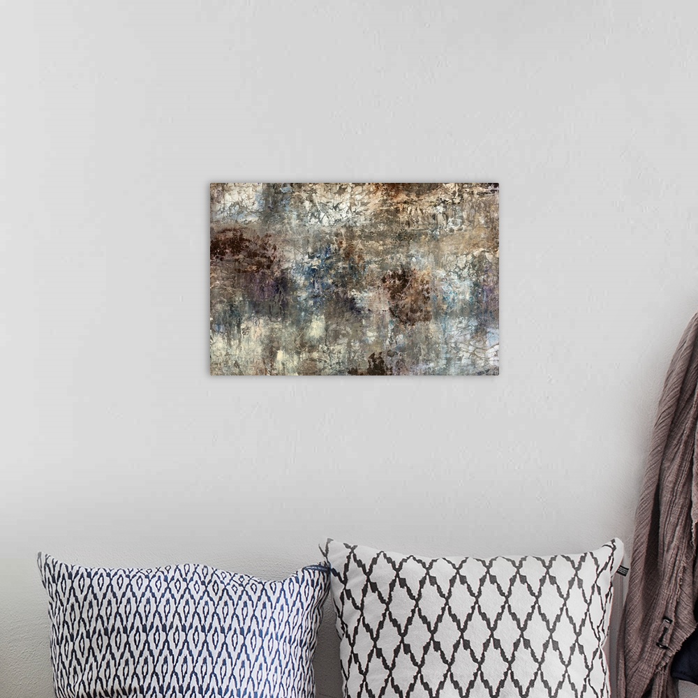 A bohemian room featuring Contemporary abstract painting of muddied paint splatters with creases and cracks.