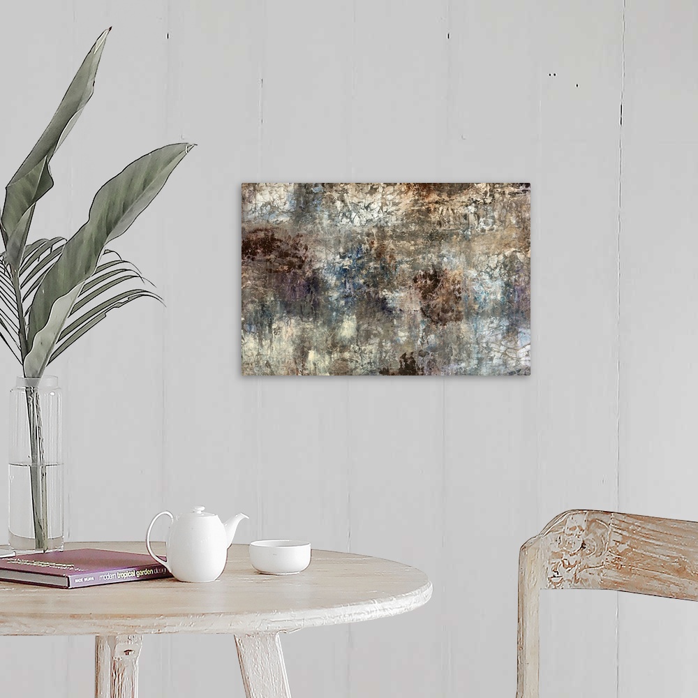 A farmhouse room featuring Contemporary abstract painting of muddied paint splatters with creases and cracks.