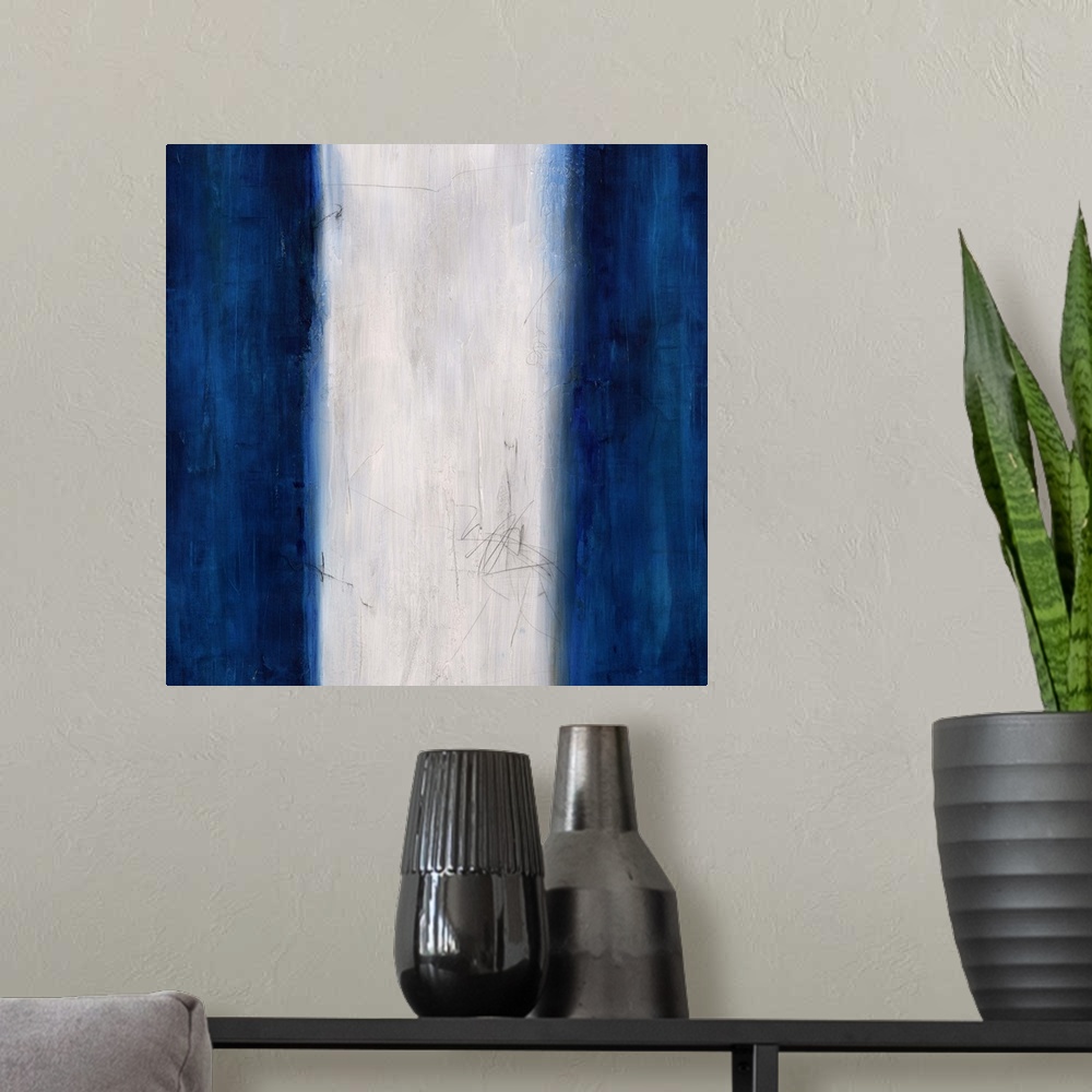 A modern room featuring Abstract painting using dark blue stripes on the left and right sides of the image, with a white ...