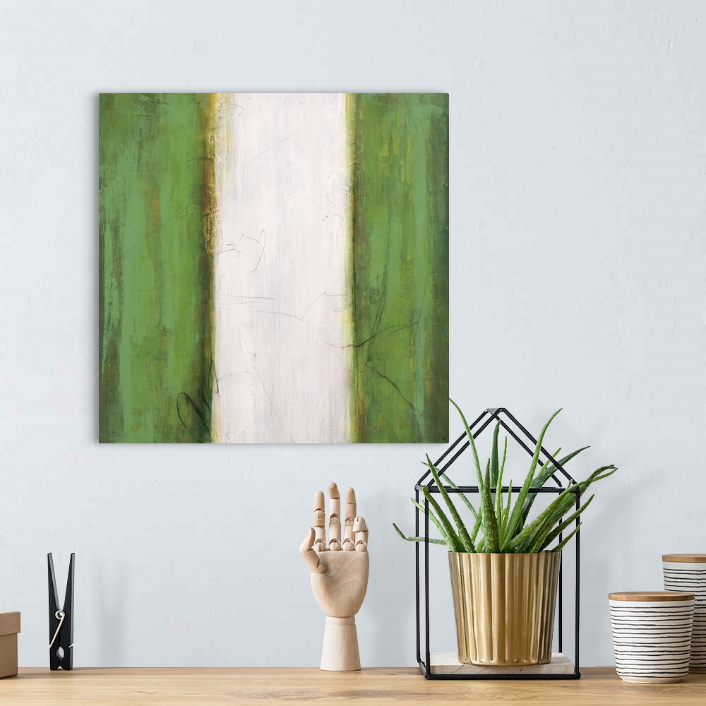 A bohemian room featuring Abstract painting using green stripes on the left and right sides of the image, with a white stri...