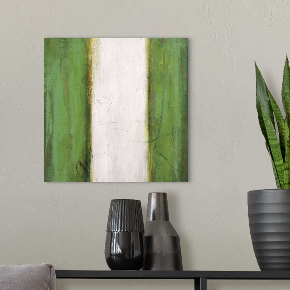 A modern room featuring Abstract painting using green stripes on the left and right sides of the image, with a white stri...
