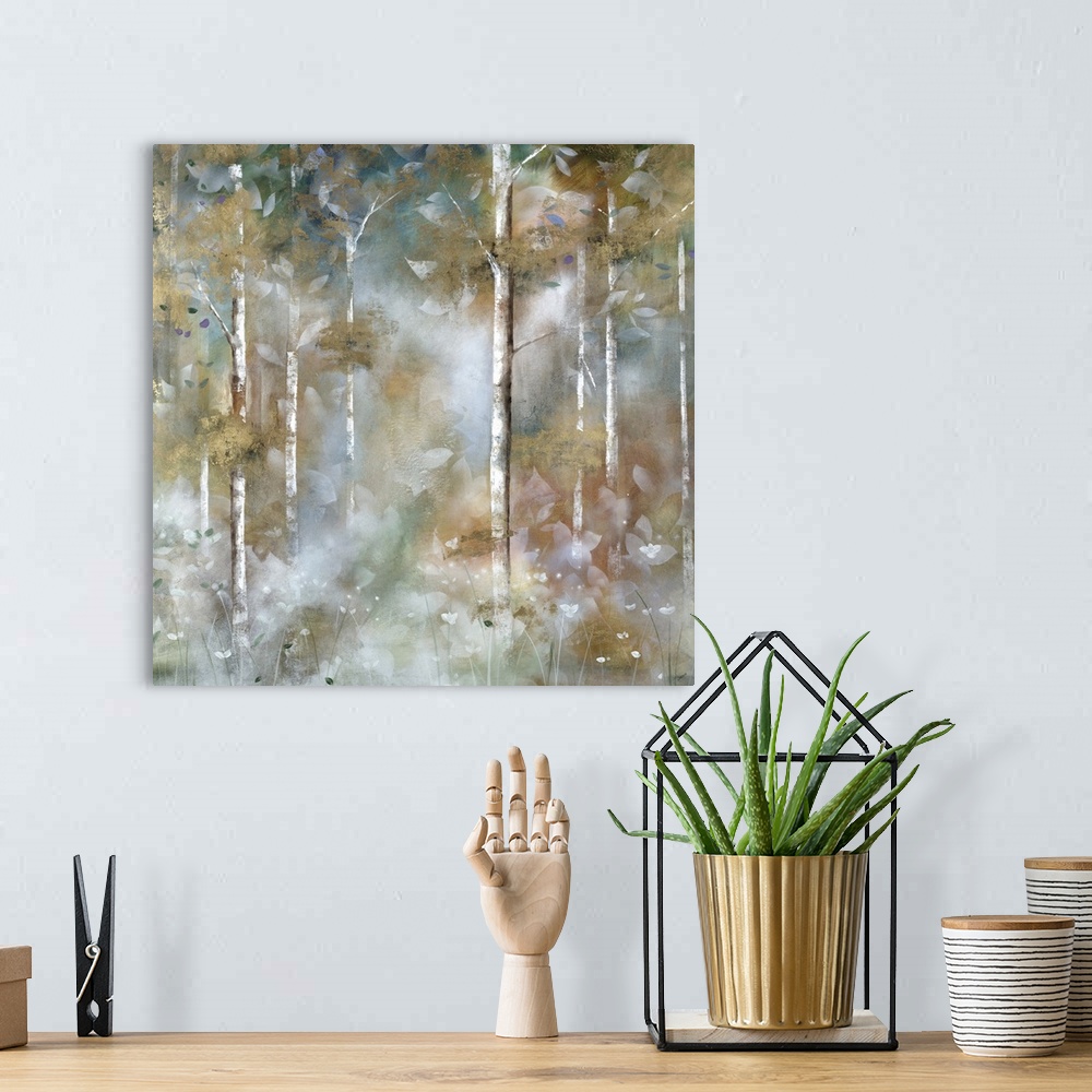 A bohemian room featuring A square contemporary painting of a forest cover in a mist with an overlay of white leaves.