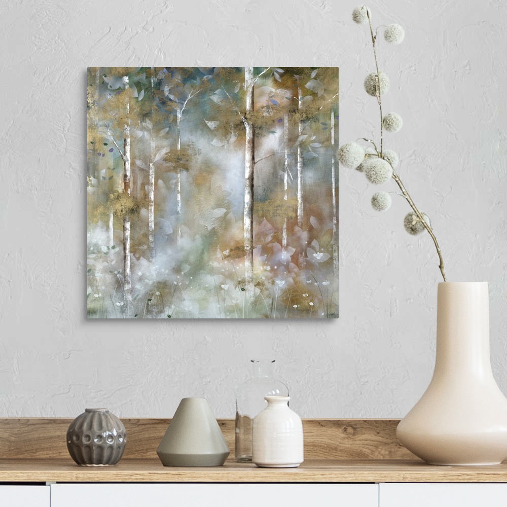 A farmhouse room featuring A square contemporary painting of a forest cover in a mist with an overlay of white leaves.
