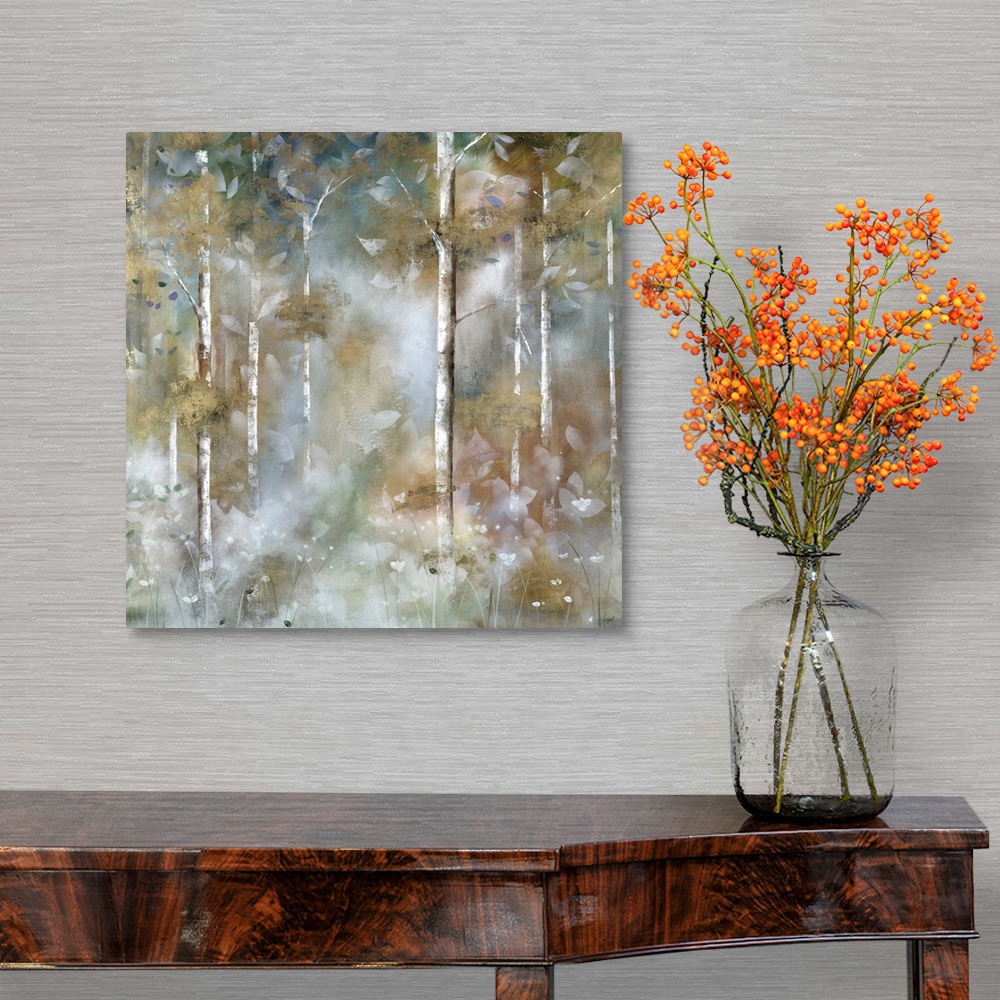 A traditional room featuring A square contemporary painting of a forest cover in a mist with an overlay of white leaves.