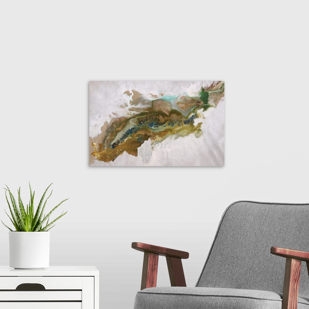 A modern room featuring Abstract painting of an aerial view over a deep, rocky canyon that run diagonally through the image.