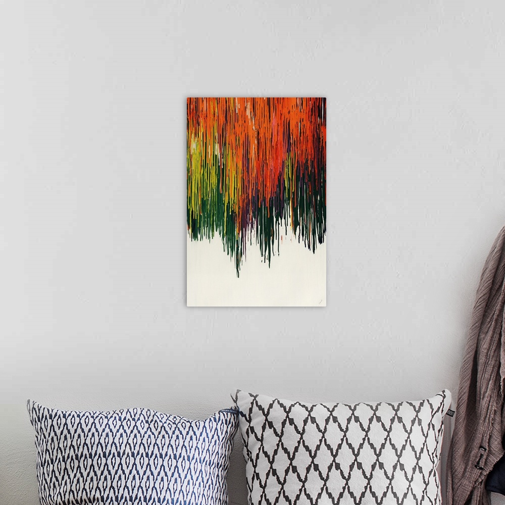 A bohemian room featuring Large, vertical abstract painting of multicolored drips of paint in layers, running vertically do...