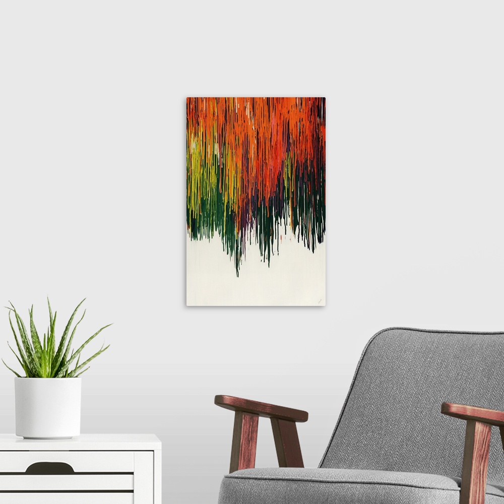 A modern room featuring Large, vertical abstract painting of multicolored drips of paint in layers, running vertically do...
