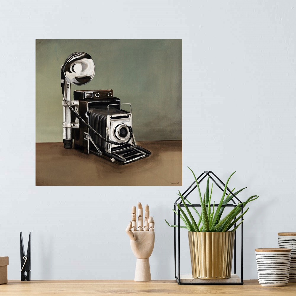 A bohemian room featuring This is a painting of a vintage style speed graphic camera.