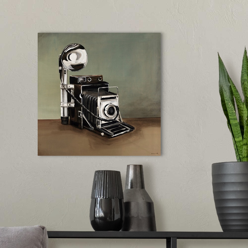 A modern room featuring This is a painting of a vintage style speed graphic camera.