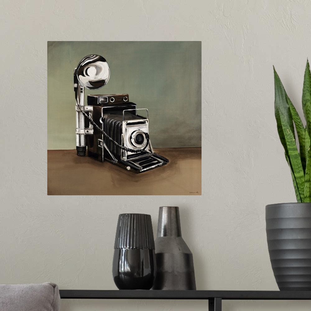 A modern room featuring This is a painting of a vintage style speed graphic camera.