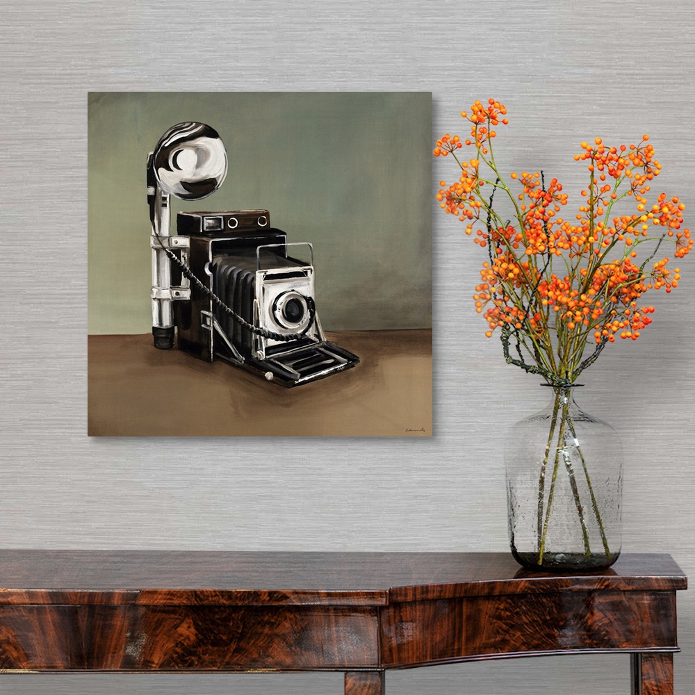 A traditional room featuring This is a painting of a vintage style speed graphic camera.
