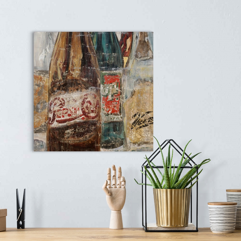 A bohemian room featuring Contemporary painting of several vintage soda bottles, painted with a crackling texture that crea...