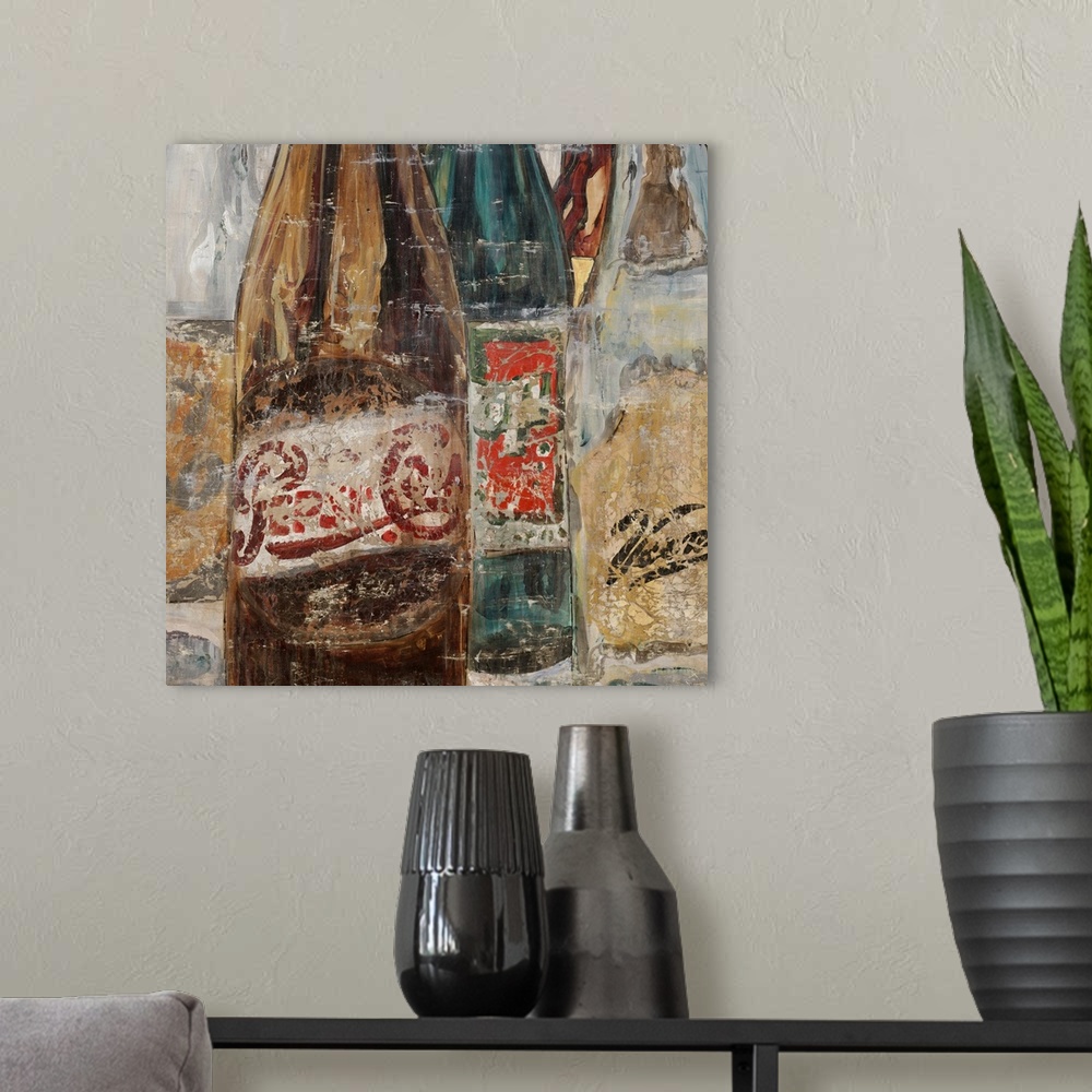 A modern room featuring Contemporary painting of several vintage soda bottles, painted with a crackling texture that crea...