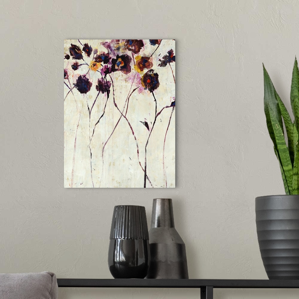 A modern room featuring Tall, purple violet flower painting on a bright neutral background.