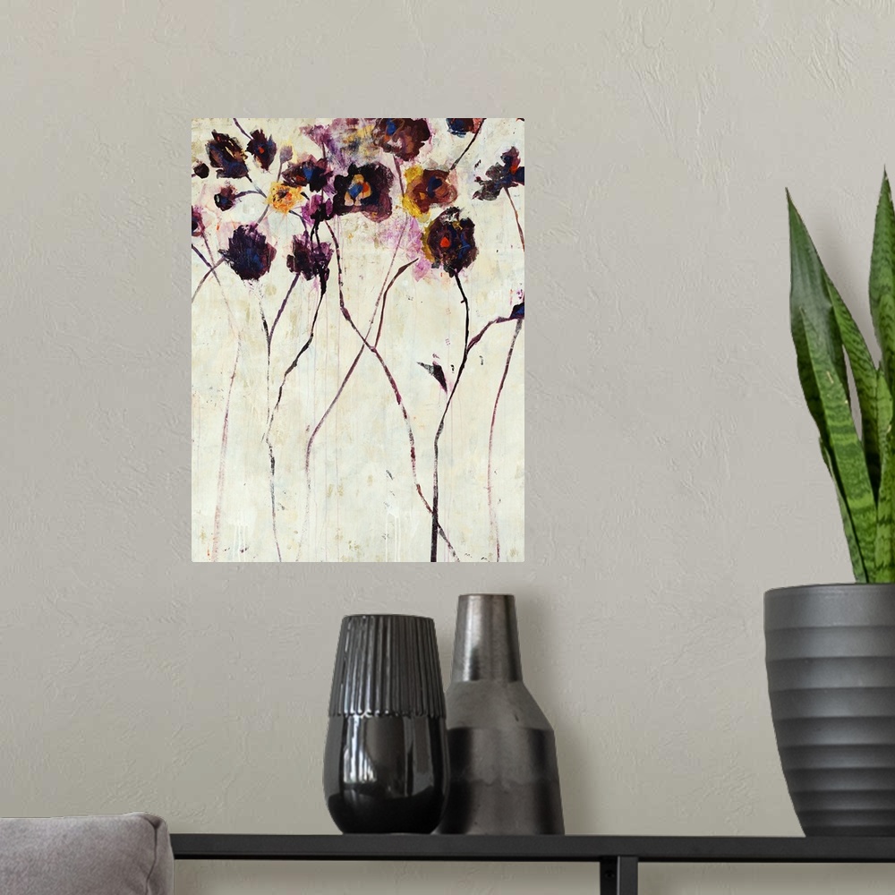 A modern room featuring Tall, purple violet flower painting on a bright neutral background.