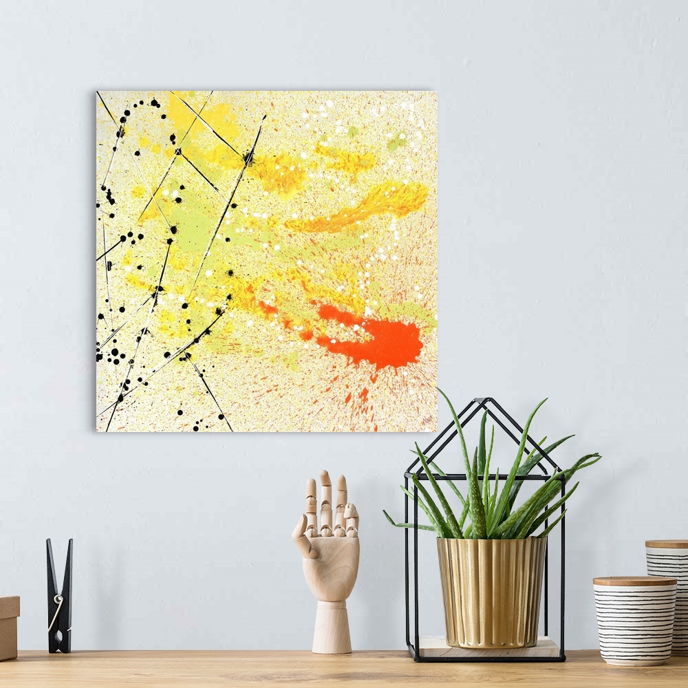 A bohemian room featuring Contemporary abstract painting made from orange, yellow, and light green paint splatter, black an...