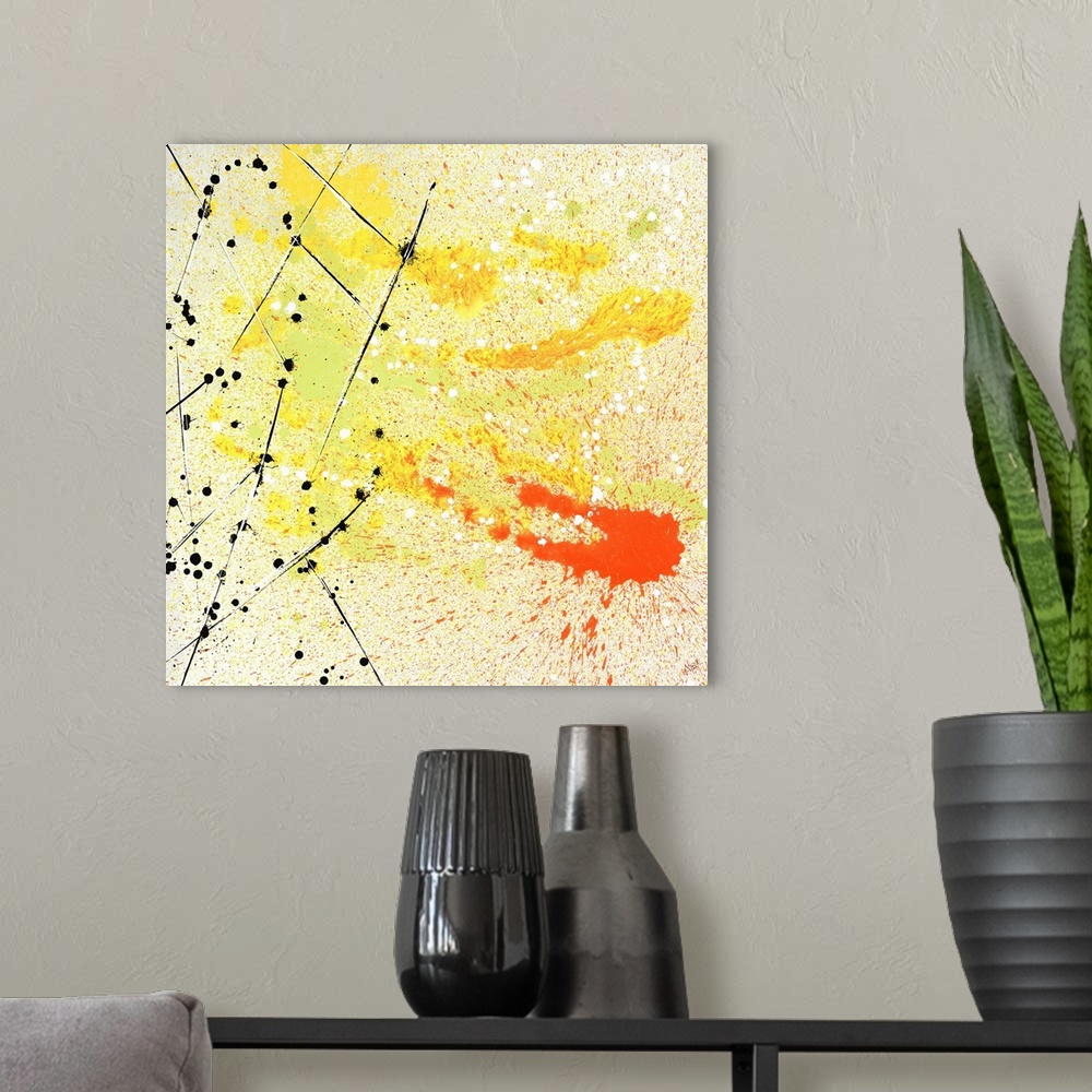 A modern room featuring Contemporary abstract painting made from orange, yellow, and light green paint splatter, black an...