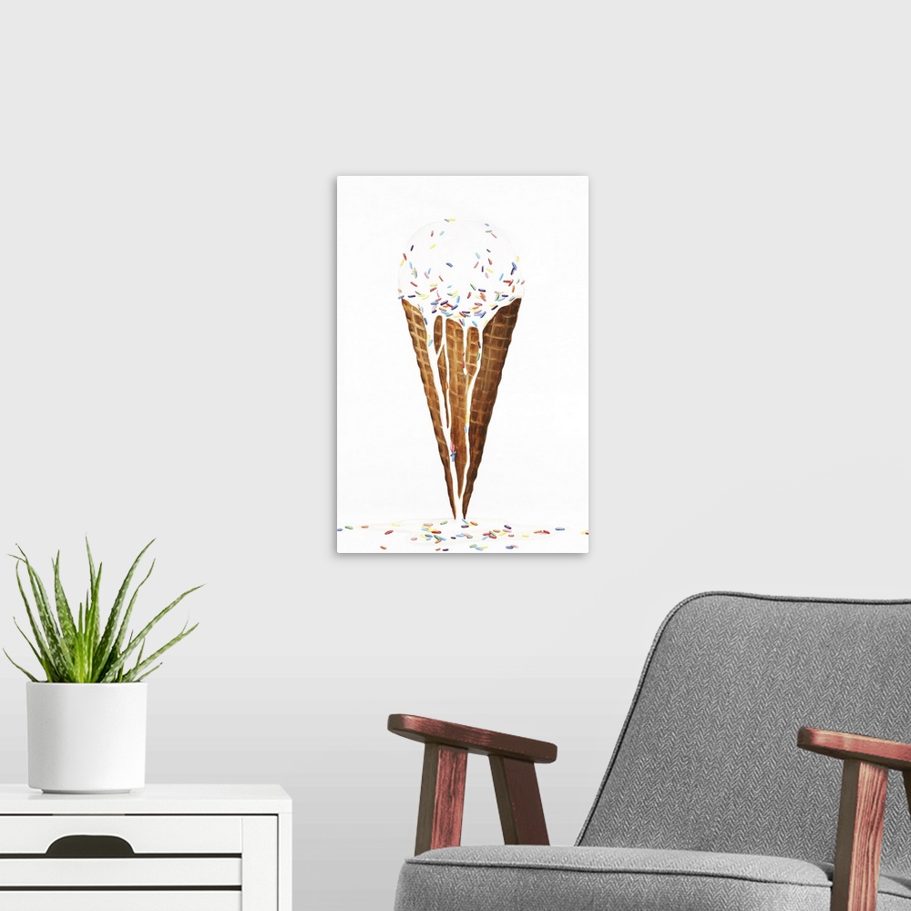 A modern room featuring Contemporary painting of vanilla ice cream with sprinkles, melting over a waffle cone and onto th...