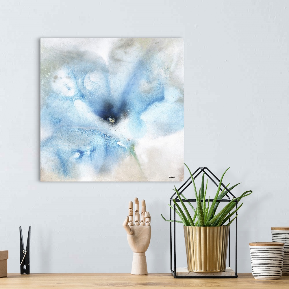 A bohemian room featuring Square abstract painting of a large blue flower with gray, tan, and white hues around.