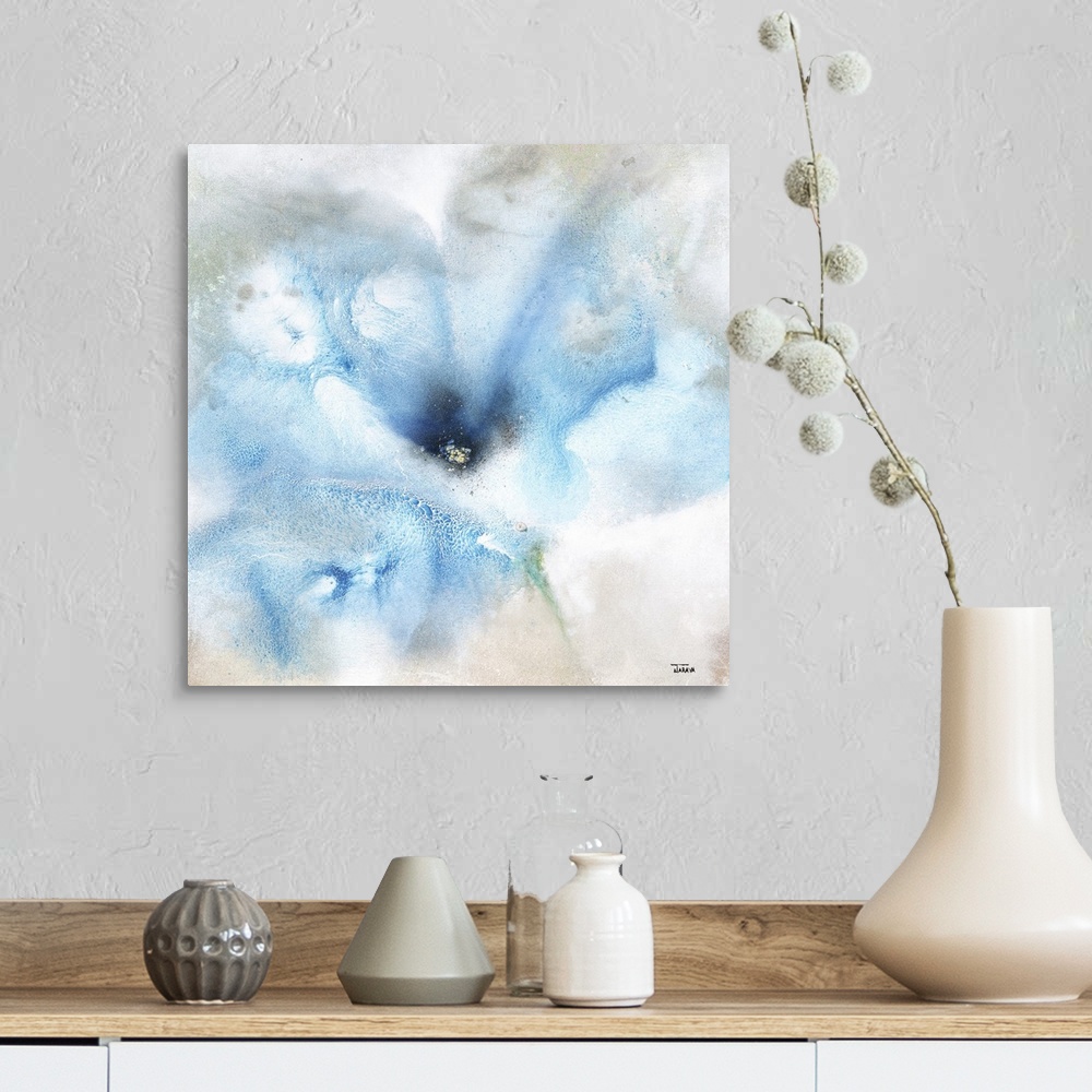 A farmhouse room featuring Square abstract painting of a large blue flower with gray, tan, and white hues around.