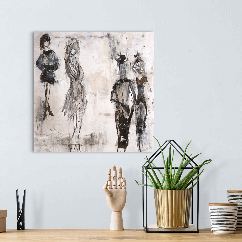A bohemian room featuring Figurative art of a group of female forms, each posing in a unique fashionable outfit, on a light...