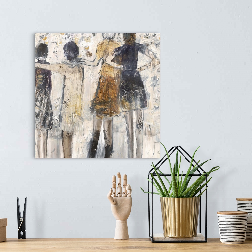 A bohemian room featuring Contemporary abstract painting of female figure lined up together in earthy tones.