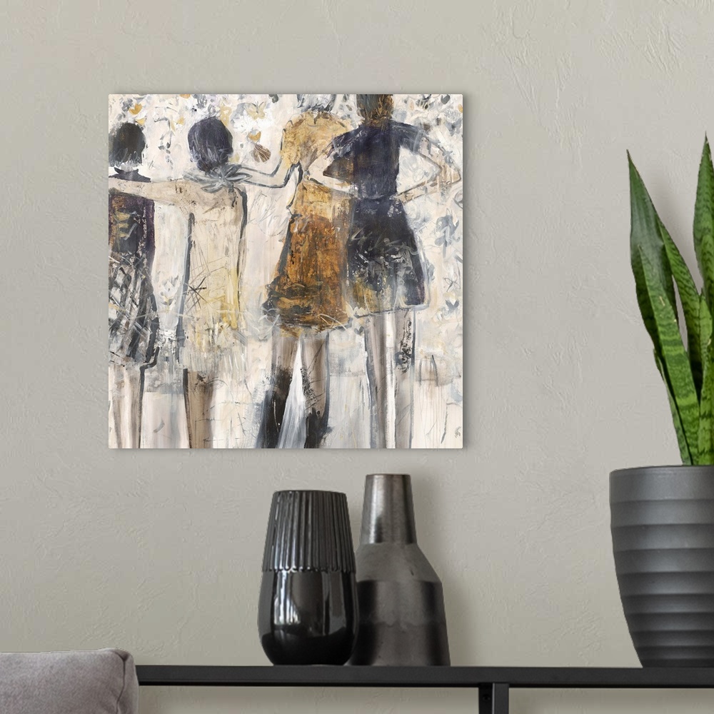 A modern room featuring Contemporary abstract painting of female figure lined up together in earthy tones.